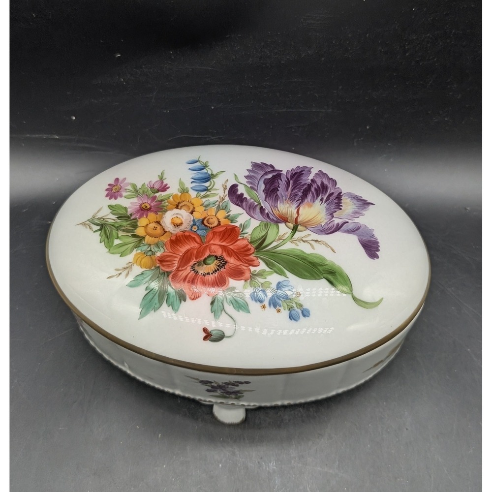 Vintage 1985 Handgemalt Lisa Ackermann Hand Painted Floral Porcelain Trinket Box